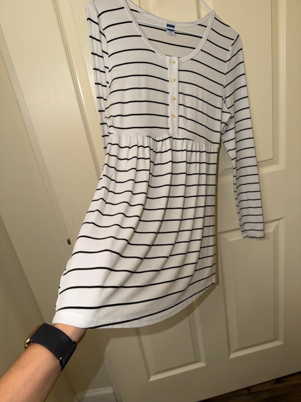 White and Black Striped Long Sleeve Henley Dress